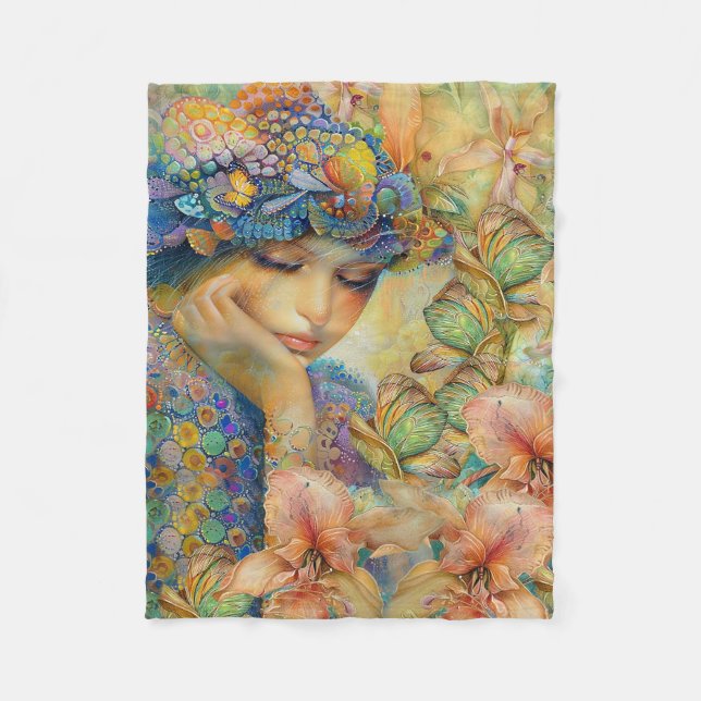 She Gets Lost Amongst Her Flowers Fleece Blanket (Front)