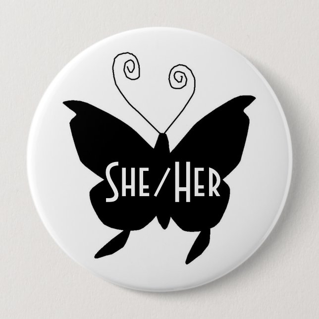 SHE/HER Diva Butterfly Round White Button (Front)
