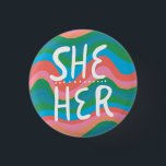 SHE/HER Pronouns Colourful Handletter Green Pink 3 Cm Round Badge<br><div class="desc">Decorate your outfit with this cool art button. Makes a great  gift! You can customise it and add text too. Check my shop for lots more colours and patterns! Let me know if you'd like something custom too.</div>