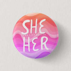 SHE/HER Pronouns Colourful Handletter Orange Pink 3 Cm Round Badge