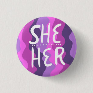 SHE/HER Pronouns Colourful Handlettered Purple 3 Cm Round Badge