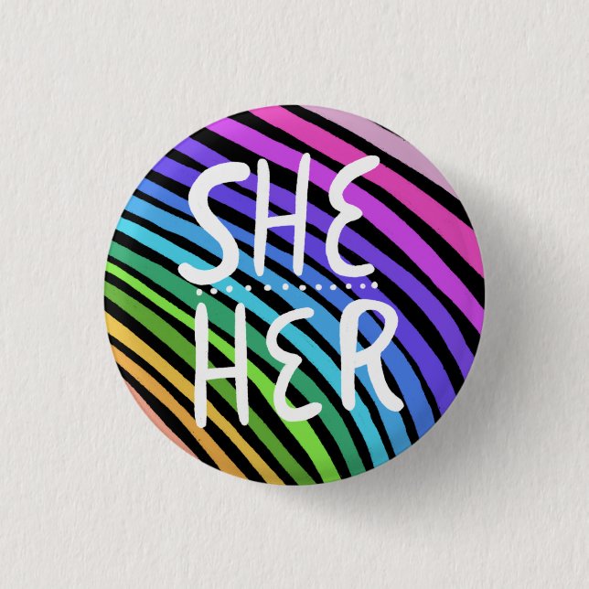 SHE/HER Pronouns Colourful Handlettered Rainbow 3 Cm Round Badge (Front)