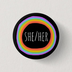 SHE/HER Pronouns Colourful Rainbow Circle Black 3 Cm Round Badge
