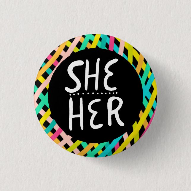 SHE/HER Pronouns Pride Handlettered Colourful 3 Cm Round Badge (Front)
