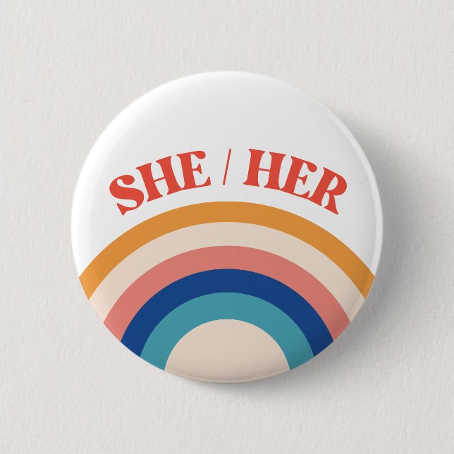 SHE/HER Pronouns Rainbow Circle Button (Front)