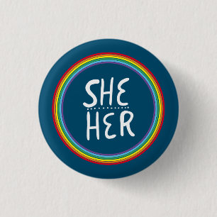 SHE/HER Pronouns Rainbow Handlettered Minimal Butt 3 Cm Round Badge