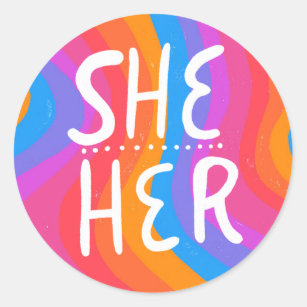 SHE/HER Pronouns Rainbow Handlettering Sheet of Classic Round Sticker