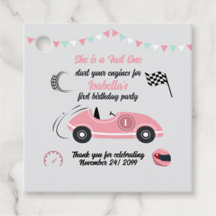 She is a Fast One Festive Pink Race Car Birthday Favour Tags