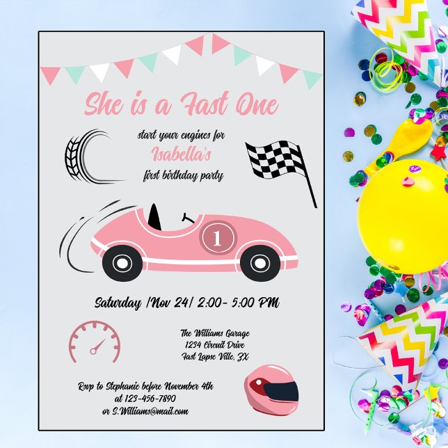 She is a Fast One Festive Pink Race Car Birthday Invitation (Creator Uploaded)