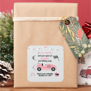 She is a Fast One Festive Pink Race Car Birthday Square Sticker