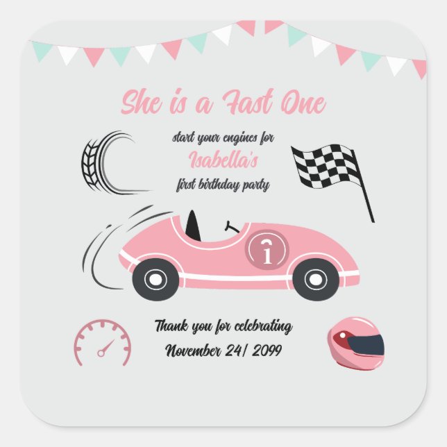She is a Fast One Festive Pink Race Car Square Sticker (Front)