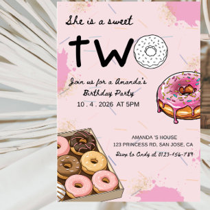 She Is a Sweet Two Doughnut 2nd Birthday Party  Invitation