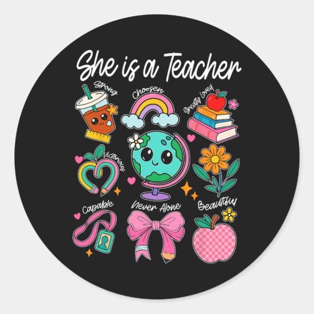 She Is A Teacher Coquette Bow Happy First Day Back Classic Round Sticker (Front)