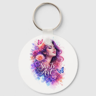 She Is Art Cute Aesthetic Floral Keychain