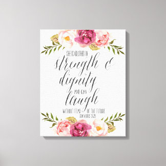 She is clothed in strength and dignity | Scripture Canvas Print
