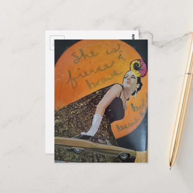 She is fierce and brave bold collage postcard (Front/Back In Situ)