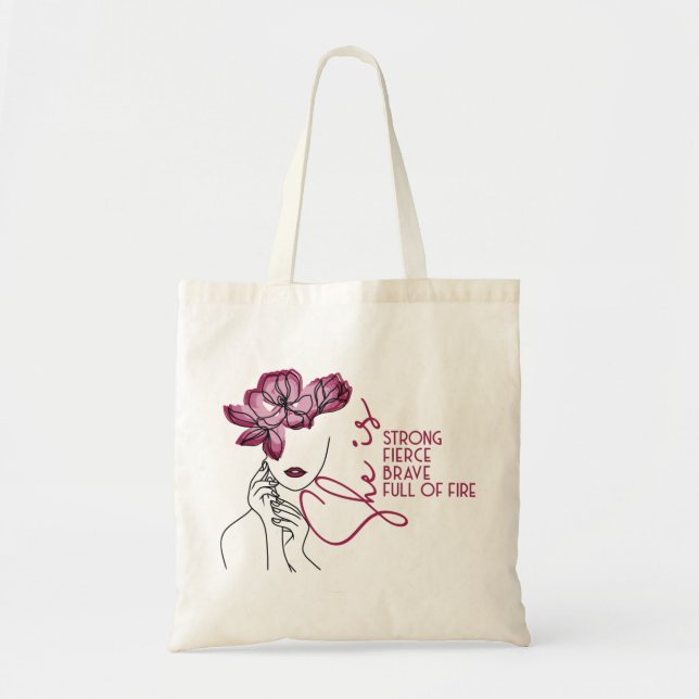 She Is Fierce Line Drawing Feminist Tote Bag (Front)