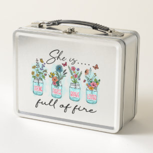 She Is Full of Fire – Vibrant Floral Empowerment Metal Lunch Box