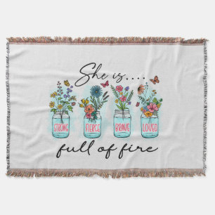 She Is Full of Fire – Vibrant Floral Empowerment Throw Blanket