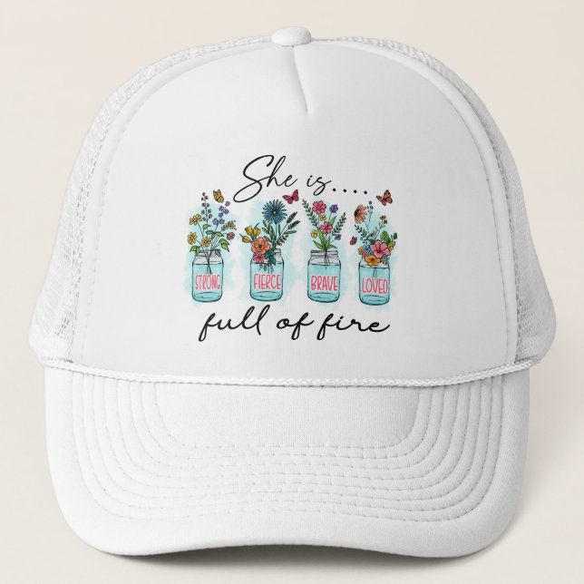 She Is Full of Fire – Vibrant Floral Empowerment Trucker Hat (Front)
