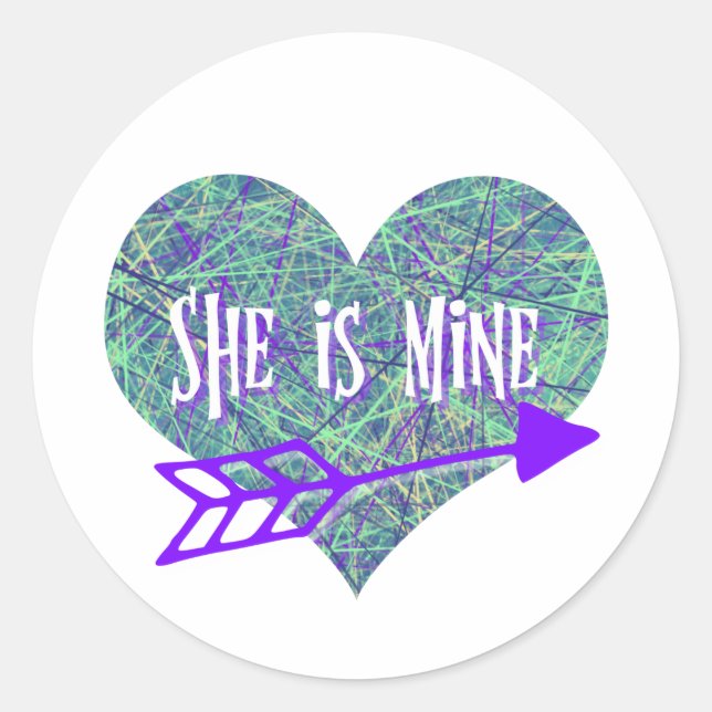 She is Mine Heart Shape Networking in Purple Classic Round Sticker (Front)