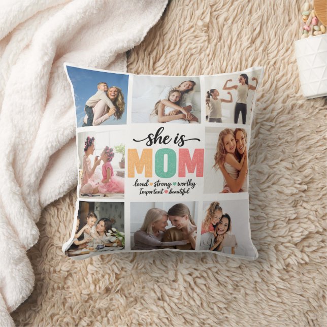 She is Mum Photo Collage Throw Pillow (Blanket)