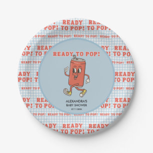 She Is Ready To Pop Baby Shower Blue Gingham Soda Paper Plate