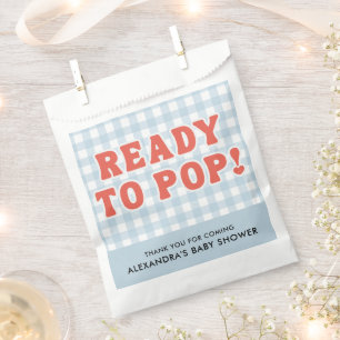 She Is Ready To Pop Baby Shower Retro Blue Gingham Favour Bags