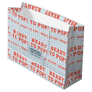 She Is Ready To Pop Baby Shower Retro Blue Gingham Large Gift Bag