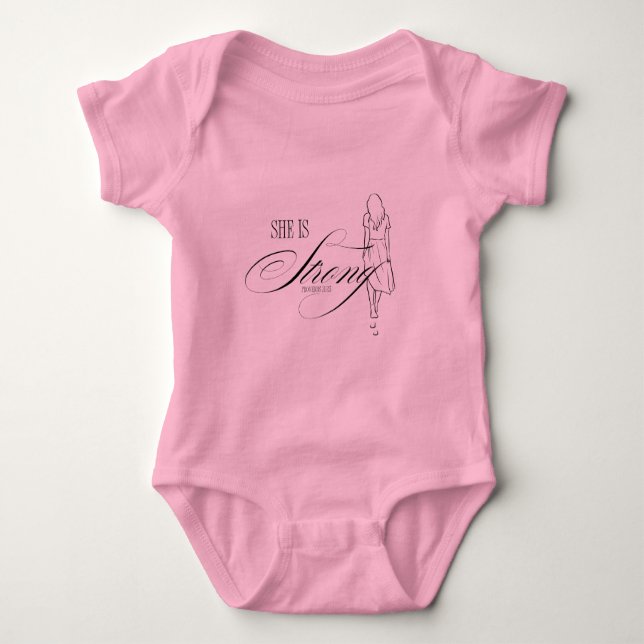She is Strong Proverbs 31:25 Baby Bodysuit (Front)