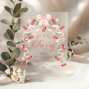 She is the Cherry on top pink bow Baby shower Acrylic Invitations