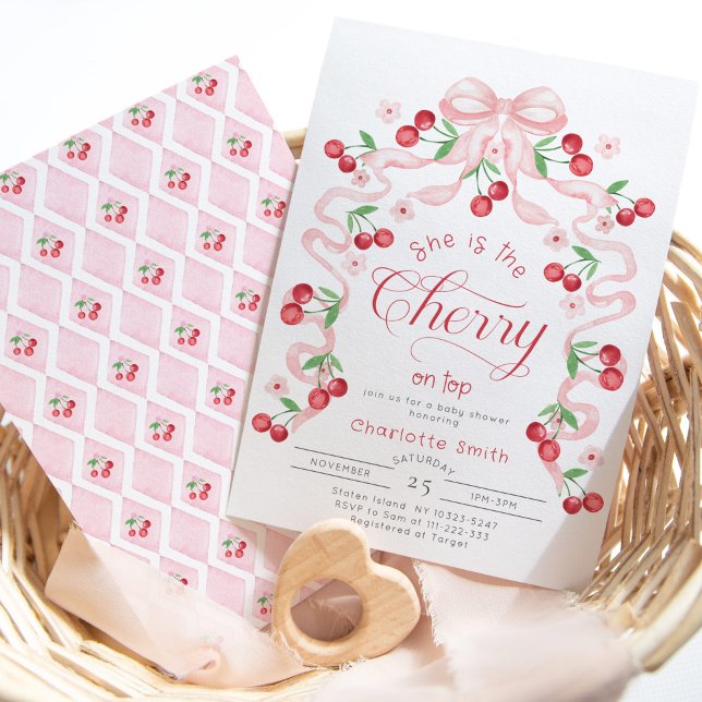 She is the Cherry on top pink bow Baby shower Invitation (Creator Uploaded)