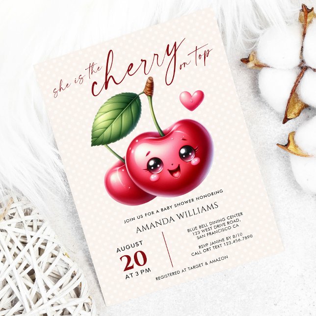 She Is the Cherry on Top Sweet Baby Shower Invitation (Creator Uploaded)