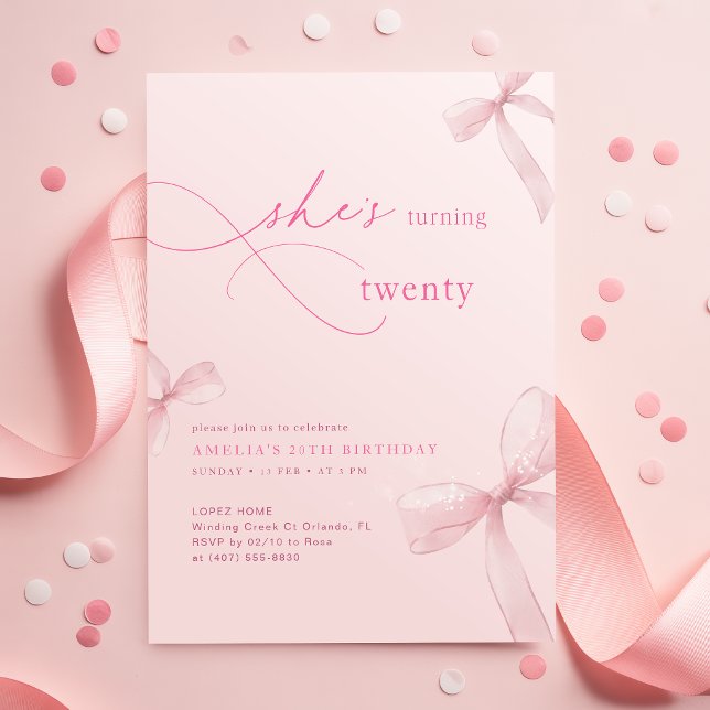 She is Turning Twenty Bow Ribbon 20th Birthday Invitation (Creator Uploaded)