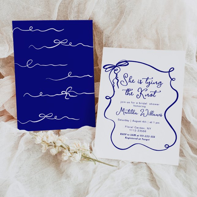 She is tying the knot navy bow bridal shower invitation (Creator Uploaded)