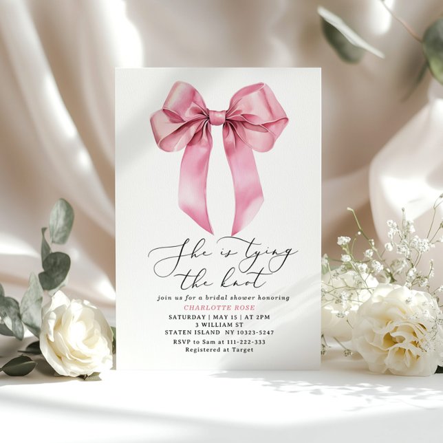 She is tying the knot Pink Bow Bridal shower Invitation (Creator Uploaded)