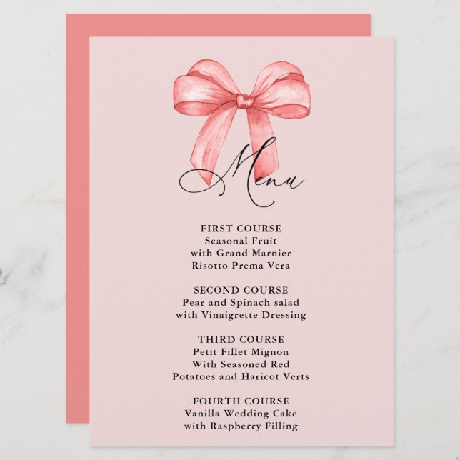 She is tying the knot pink bow Bridal Shower Menu (Front/Back)