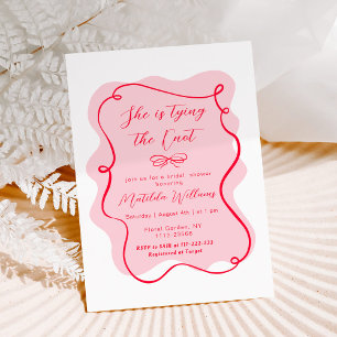 She is tying the knot pink red bow bridal shower invitation