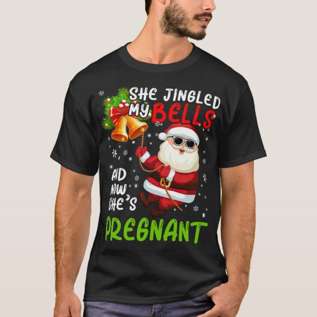 She Jingled My Bells Pregnant Cute Christmas Santa T-Shirt (Front)