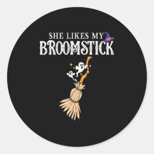 She Likes My Broomstick I Love Her Pumpkins Couple Classic Round Sticker