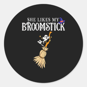 She Likes My Broomstick I Love Her Pumpkins Couple Classic Round Sticker