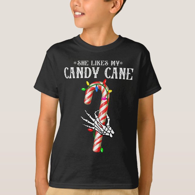 She Likes My Candy Cane Skeleton Couples Christmas T-Shirt (Front)