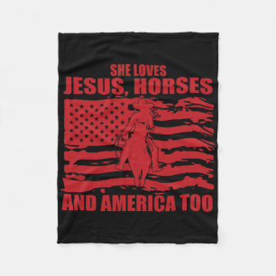 She Loves Jesus Horses And America Too Horseback R Fleece Blanket