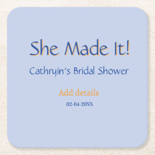 SHE MADE IT BRIDAL SHOWER BLUE ORANGE STYLISH TREN SQUARE PAPER COASTER