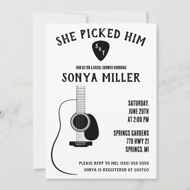 She Picked Him! Guitar and Pick Bridal Shower Invitation (Front)