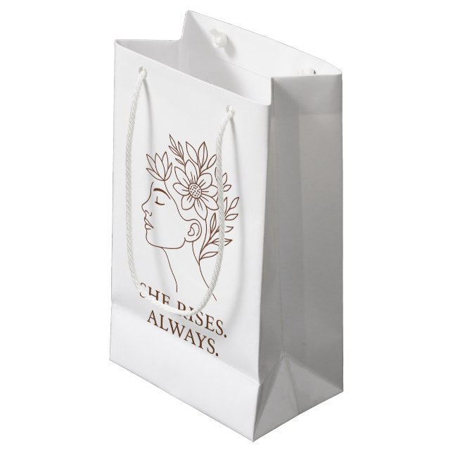 She Rises. Always — Minimalist Empowerment Design Small Gift Bag (Front Angled)