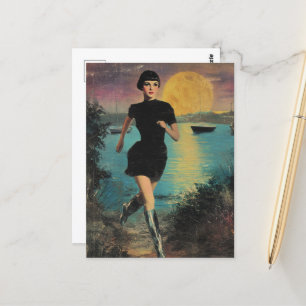 She Runs on Beach in a black dress silver boots Postcard