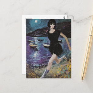 She Runs on the Beach in a black dress Retro  Postcard