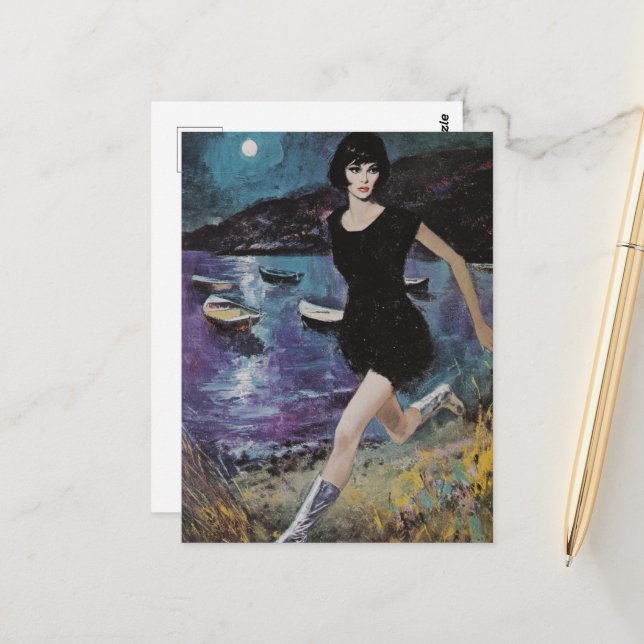 She Runs on the Beach in a black dress Retro  Postcard (Front/Back In Situ)
