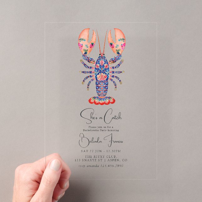She’s a Catch Coastal Bachelorette Party Acrylic Invitations (Insitu (Handheld))